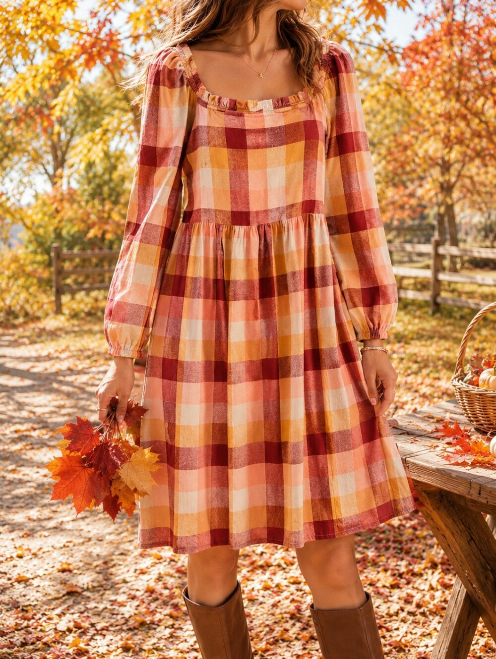 Loft Plaid Square Neck Babydoll Dress in the color "Strawberry Blossom" Sz XS